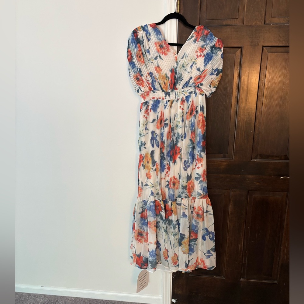 Chicwish Orange and Blue V-Neck Puff Sleeve Maxi Dress
